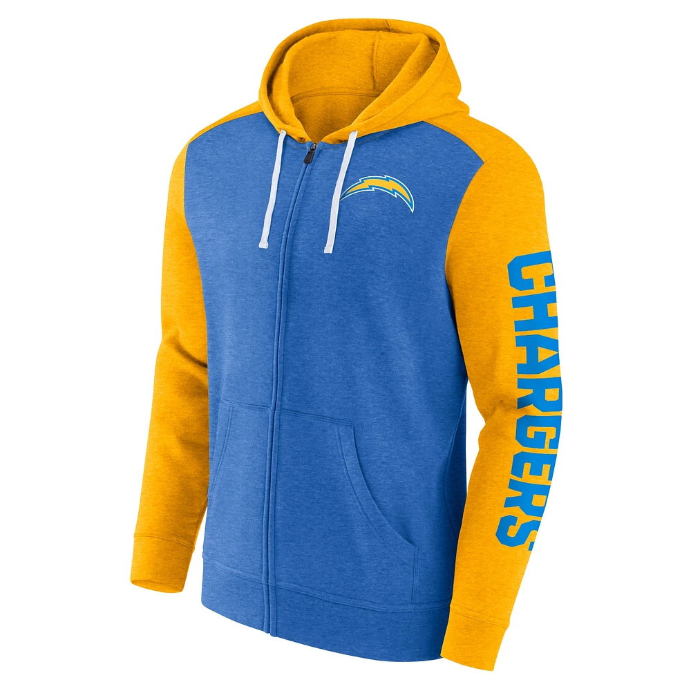 Sweat à capuche entièrement zippé pour hommes Fanatics Heather Powder Blue Los Angeles Chargers Down and Distance