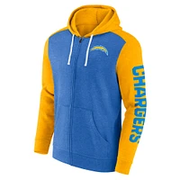 Sweat à capuche entièrement zippé pour hommes Fanatics Heather Powder Blue Los Angeles Chargers Down and Distance