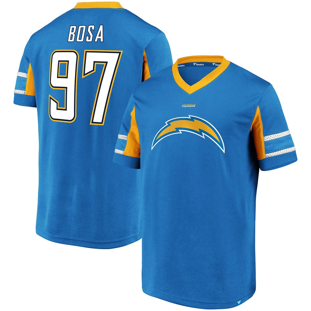 Fanatics pour hommes Joey Bosa bleu poudre Los Angeles Chargers Hashmark Nom et numéro du joueur - Haut à col en V