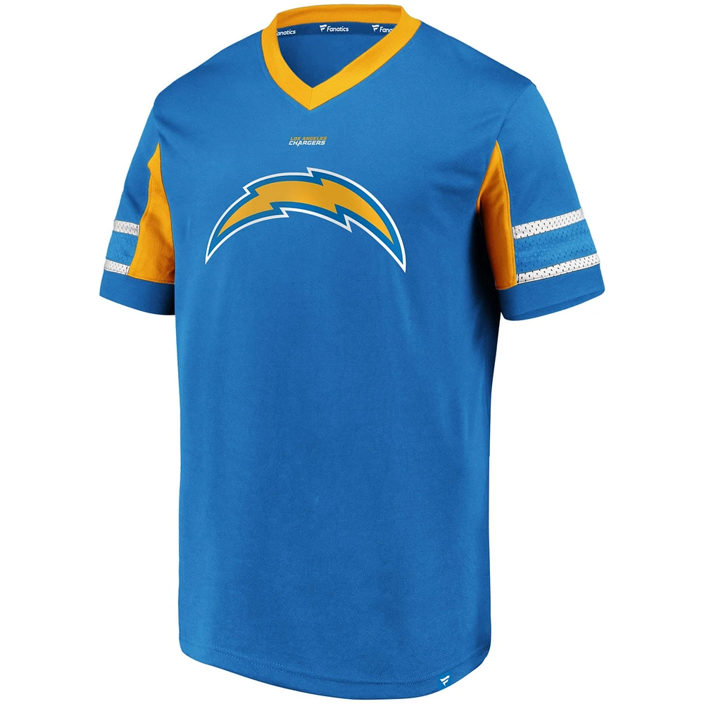 Fanatics pour hommes Joey Bosa bleu poudre Los Angeles Chargers Hashmark Nom et numéro du joueur - Haut à col en V