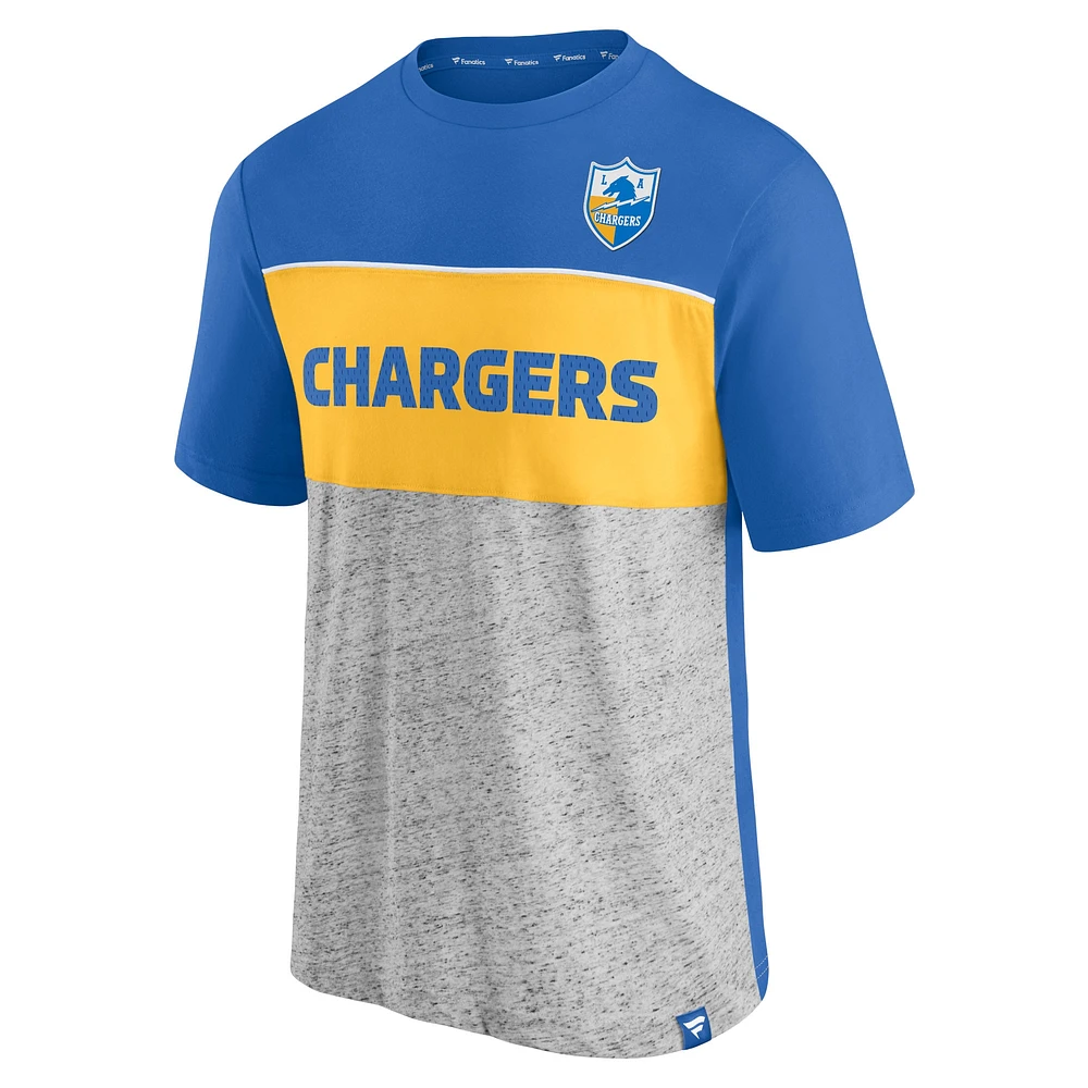 T-shirt color block Throwback des Chargers de Los Angeles Fanatics bleu poudre/gris chiné pour hommes