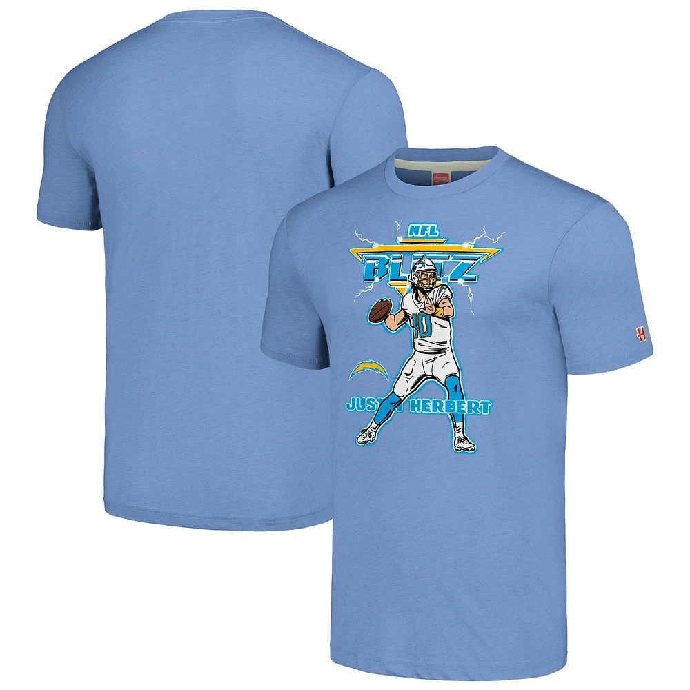 Men's Homage Justin Herbert Powder Blue Los Angeles Chargers NFL Blitz Player Tri-Blend T-Shirt