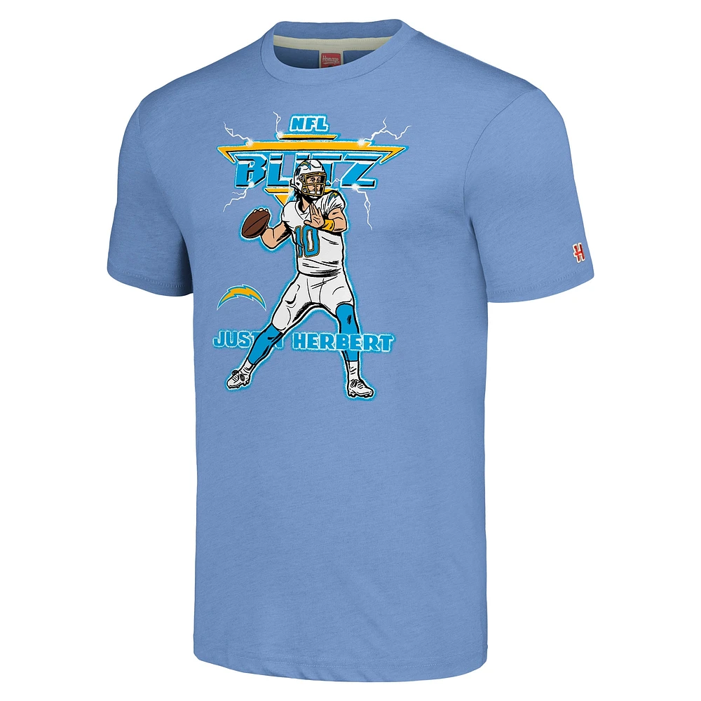 Men's Homage Justin Herbert Powder Blue Los Angeles Chargers NFL Blitz Player Tri-Blend T-Shirt