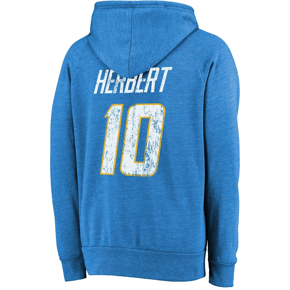 Men's Majestic Threads Justin Herbert Powder Blue Los Angeles Chargers Name & Number Tri-Blend Pullover Hoodie