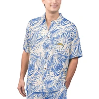 Men's Margaritaville Tan Los Angeles Chargers Sand Washed Monstera Print Party Button-Up Shirt