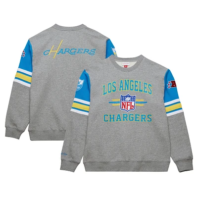 Men's Mitchell & Ness Heather Gray Los Angeles Chargers All Over 4.0 Vintage Logo Pullover Sweatshirt