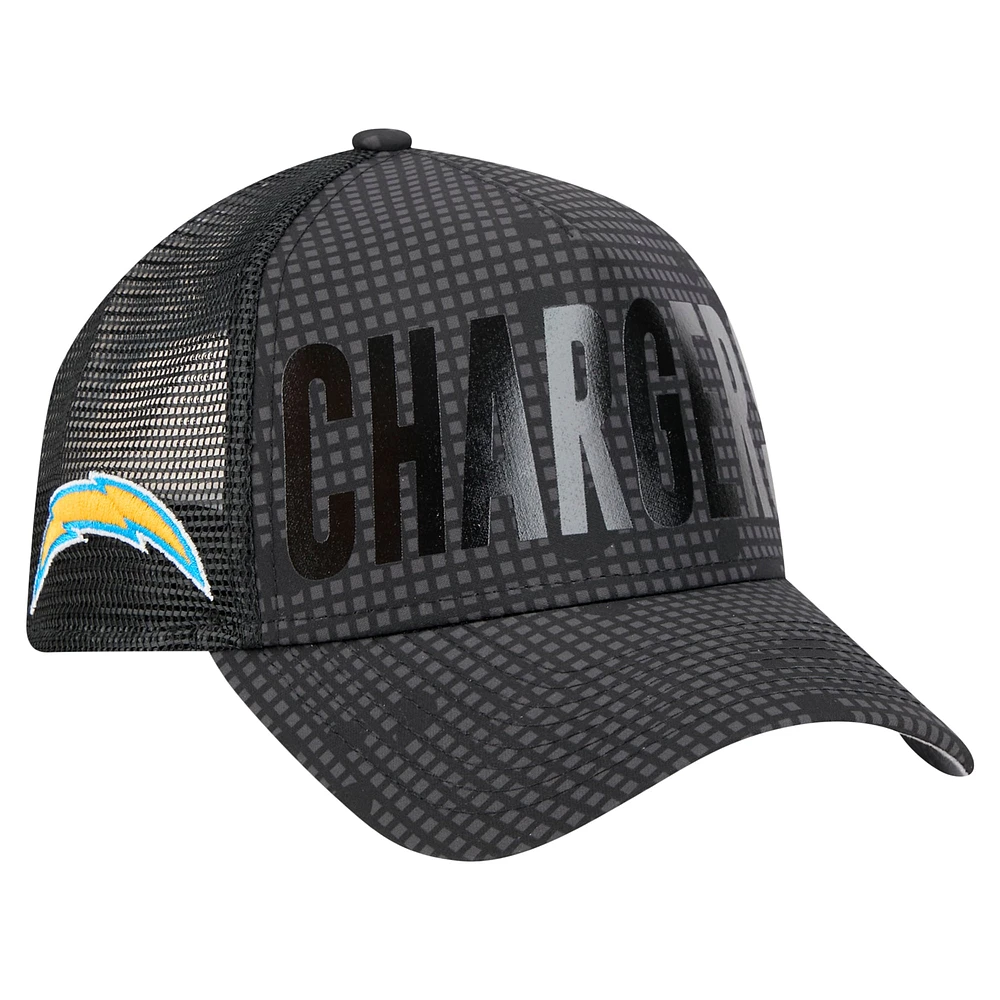 Men's New Era Black Los Angeles Chargers  Midnight Ink Tonal Text A-Frame Trucker 9FORTY Adjustable Hat