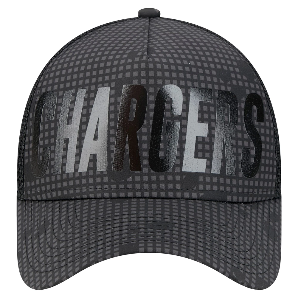 Men's New Era Black Los Angeles Chargers  Midnight Ink Tonal Text A-Frame Trucker 9FORTY Adjustable Hat