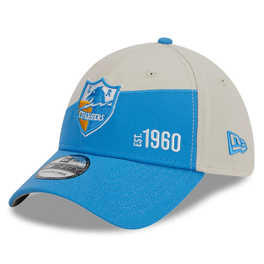 Casquette Flex New Era pour homme Los Angeles Chargers 2023 Sideline Historic 39THIRTY crème/bleu poudré