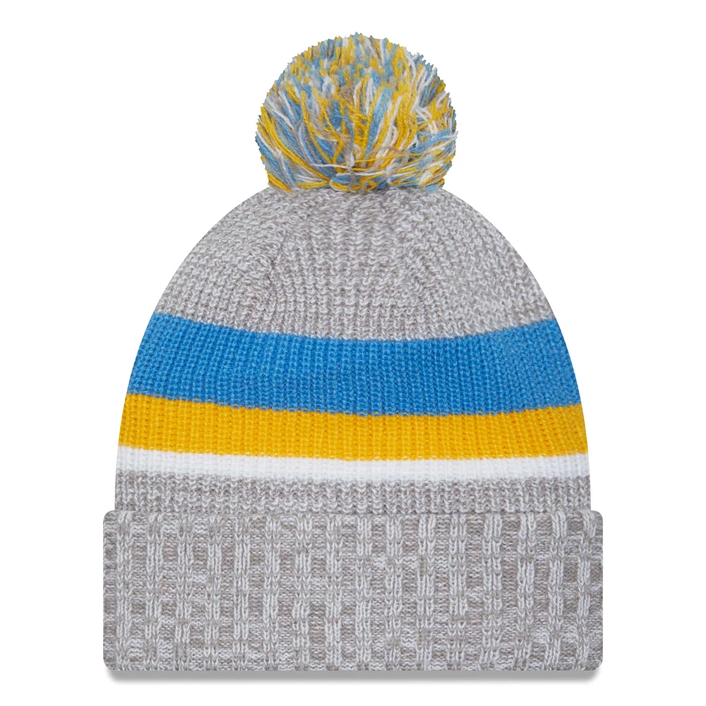 Bonnet en tricot à revers des Chargers de Los Angeles New Era gris chiné pour hommes avec pompon