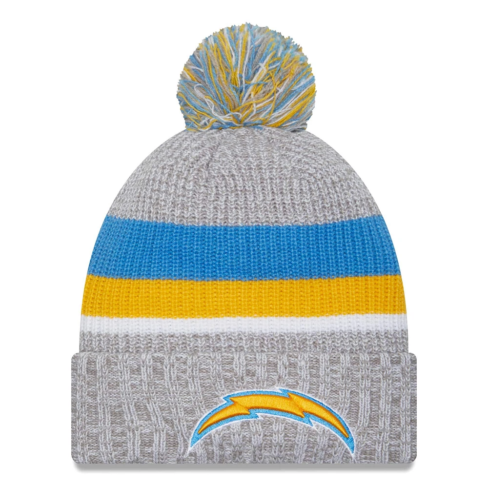 Bonnet en tricot à revers des Chargers de Los Angeles New Era gris chiné pour hommes avec pompon