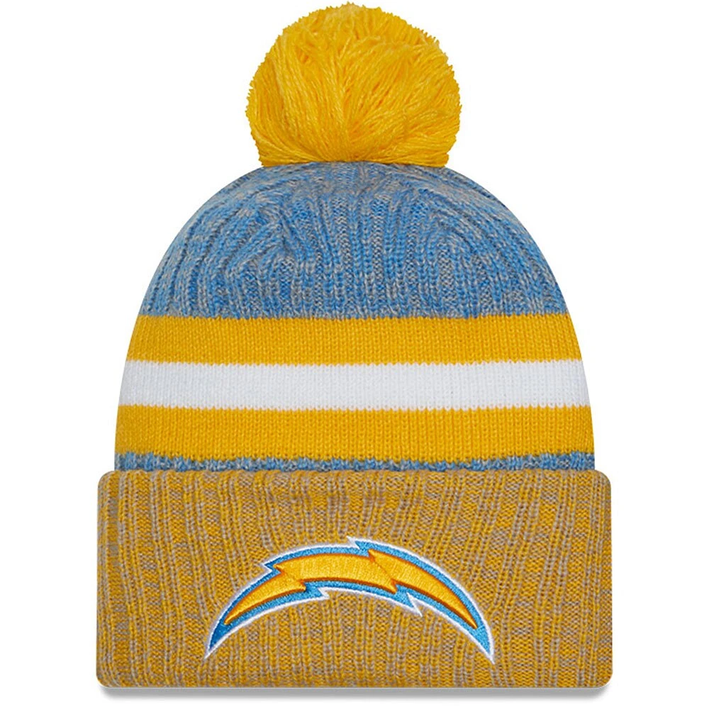 Bonnet en tricot à pompon à revers New Era pour homme, bleu poudre/or, Los Angeles Chargers 2023 Sideline Sport