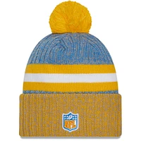 Bonnet en tricot à pompon à revers New Era pour homme, bleu poudre/or, Los Angeles Chargers 2023 Sideline Sport