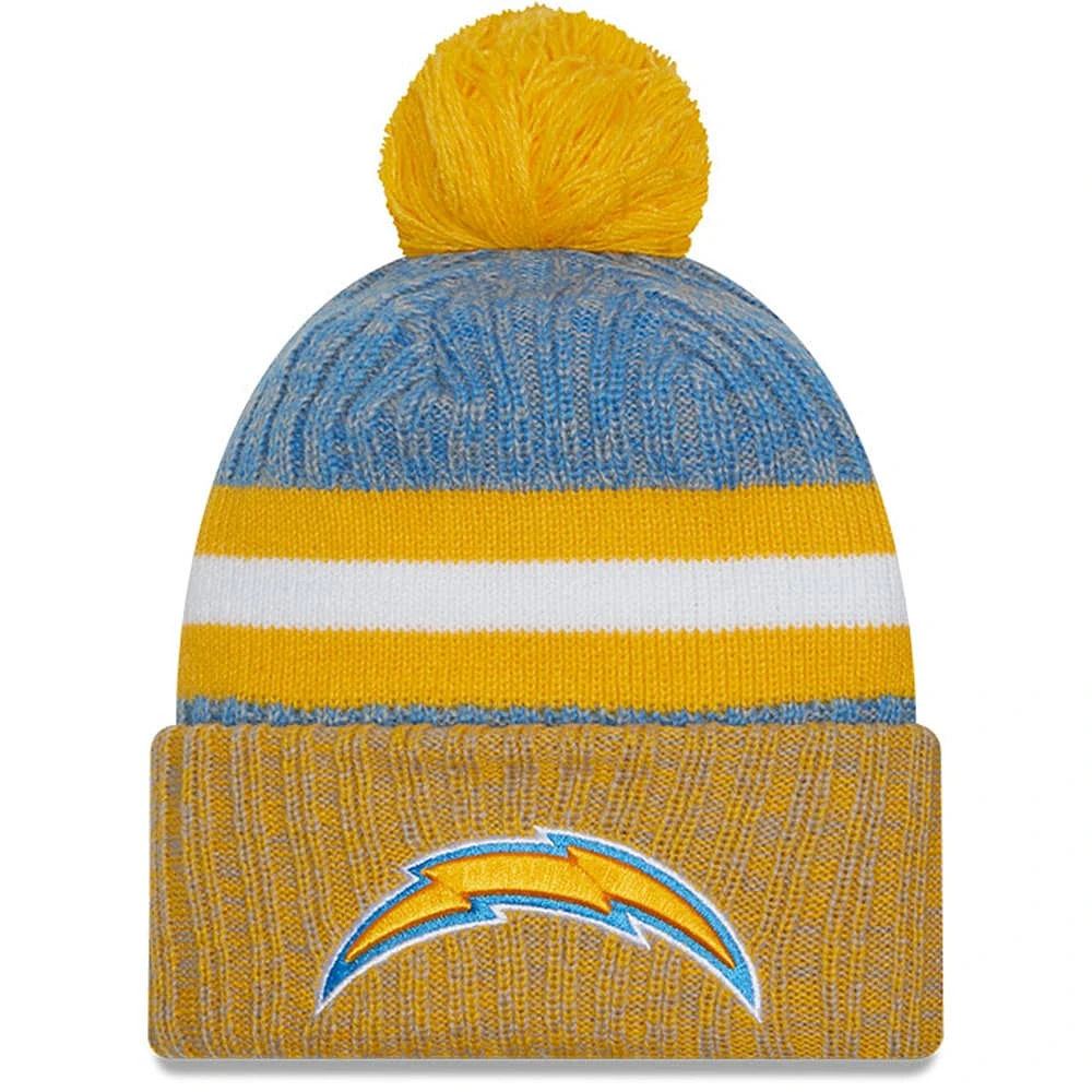 Bonnet en tricot à pompon à revers New Era pour homme, bleu poudre/or, Los Angeles Chargers 2023 Sideline Sport