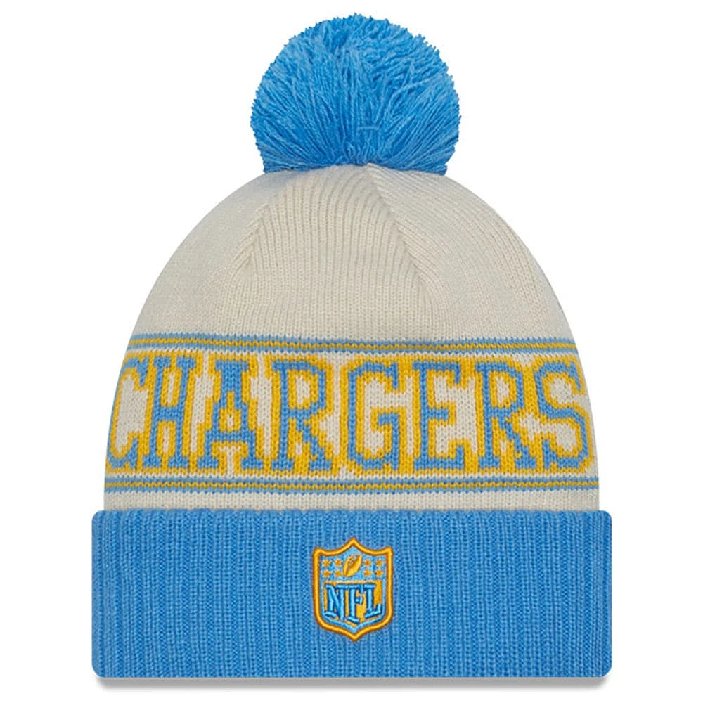 Bonnet en tricot à revers à pompons historique Los Angeles Chargers 2023 Sideline New Era pour homme, noir