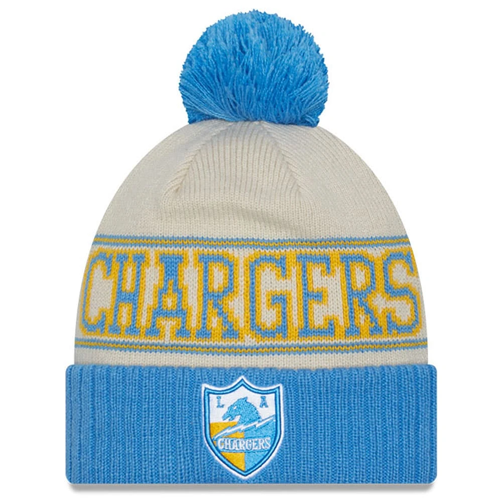 Bonnet en tricot à revers à pompons historique Los Angeles Chargers 2023 Sideline New Era pour homme, noir