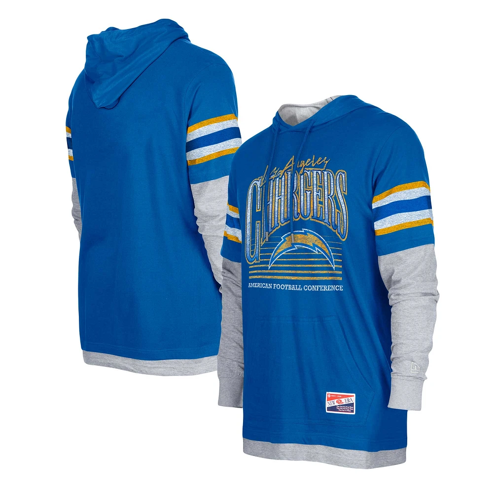 T-shirt à capuche manches longues pour homme New Era Royal Los Angeles Chargers Twofer