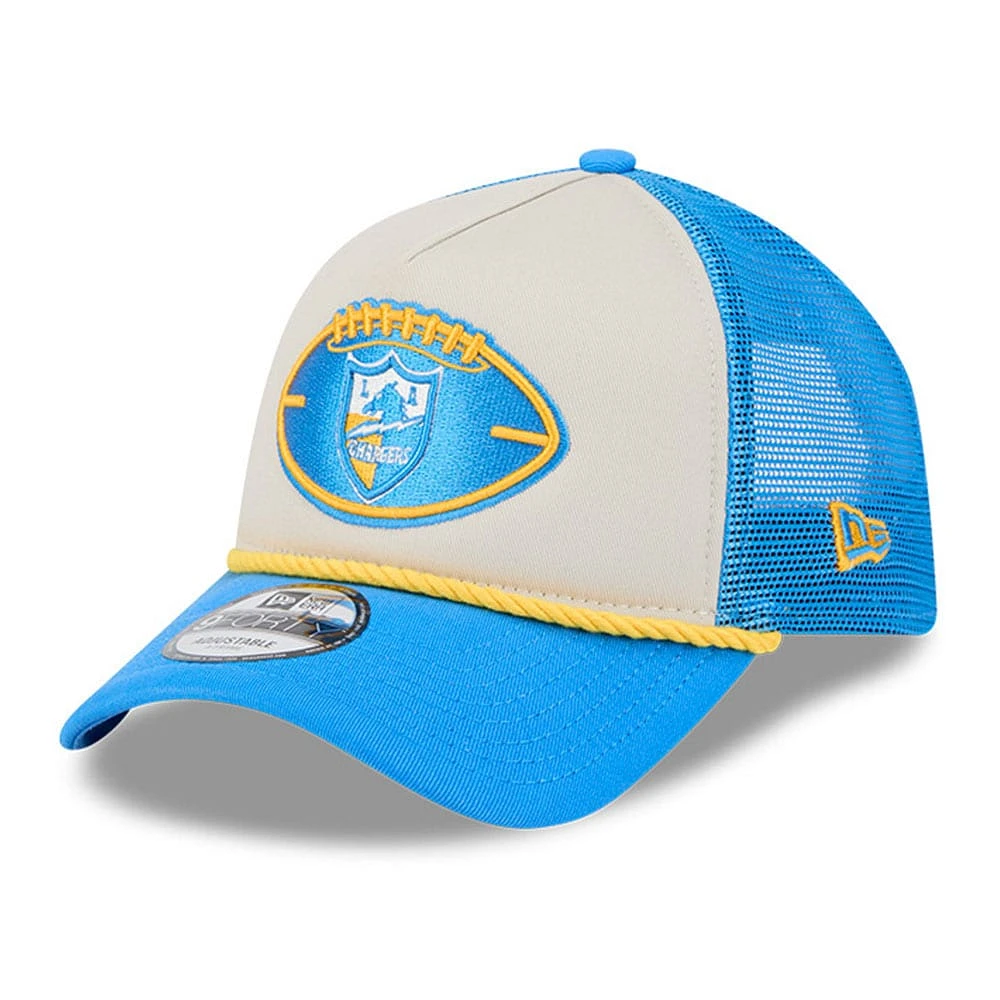 Men's New Era Stone/Powder Blue Los Angeles Chargers 2024 Sideline Historic 9FORTY A-Frame Trucker Adjustable Hat