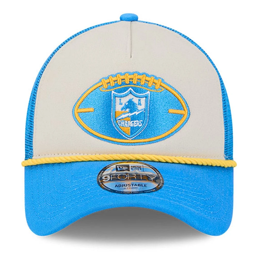 Men's New Era Stone/Powder Blue Los Angeles Chargers 2024 Sideline Historic 9FORTY A-Frame Trucker Adjustable Hat