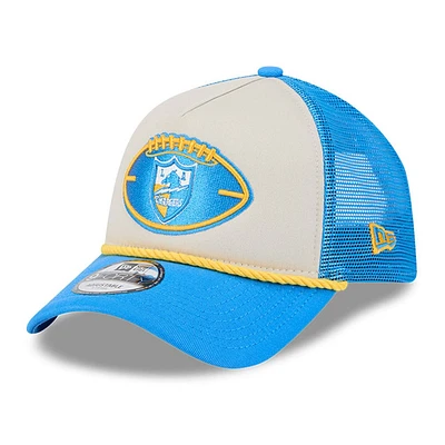 Men's New Era Stone/Powder Blue Los Angeles Chargers 2024 Sideline Historic 9FORTY A-Frame Trucker Adjustable Hat