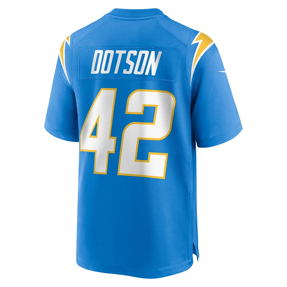 Maillot de match l'équipe Nike Elijah Dotson pour hommes, bleu poudre des Chargers Los Angeles