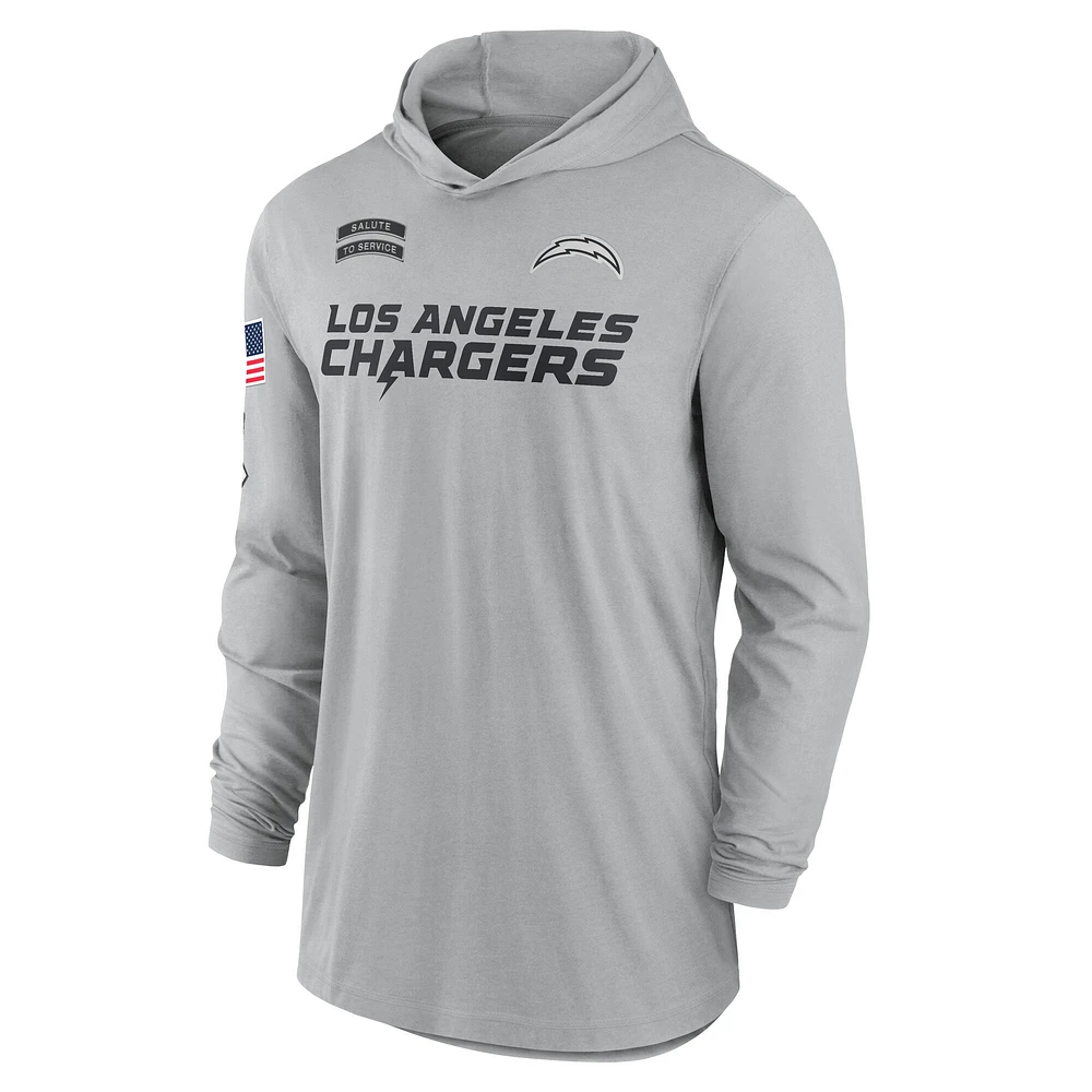 Men's Nike Gray Los Angeles Chargers 2024 Salute to Service Lightweight Performance Long Sleeve Hooded T-Shirt