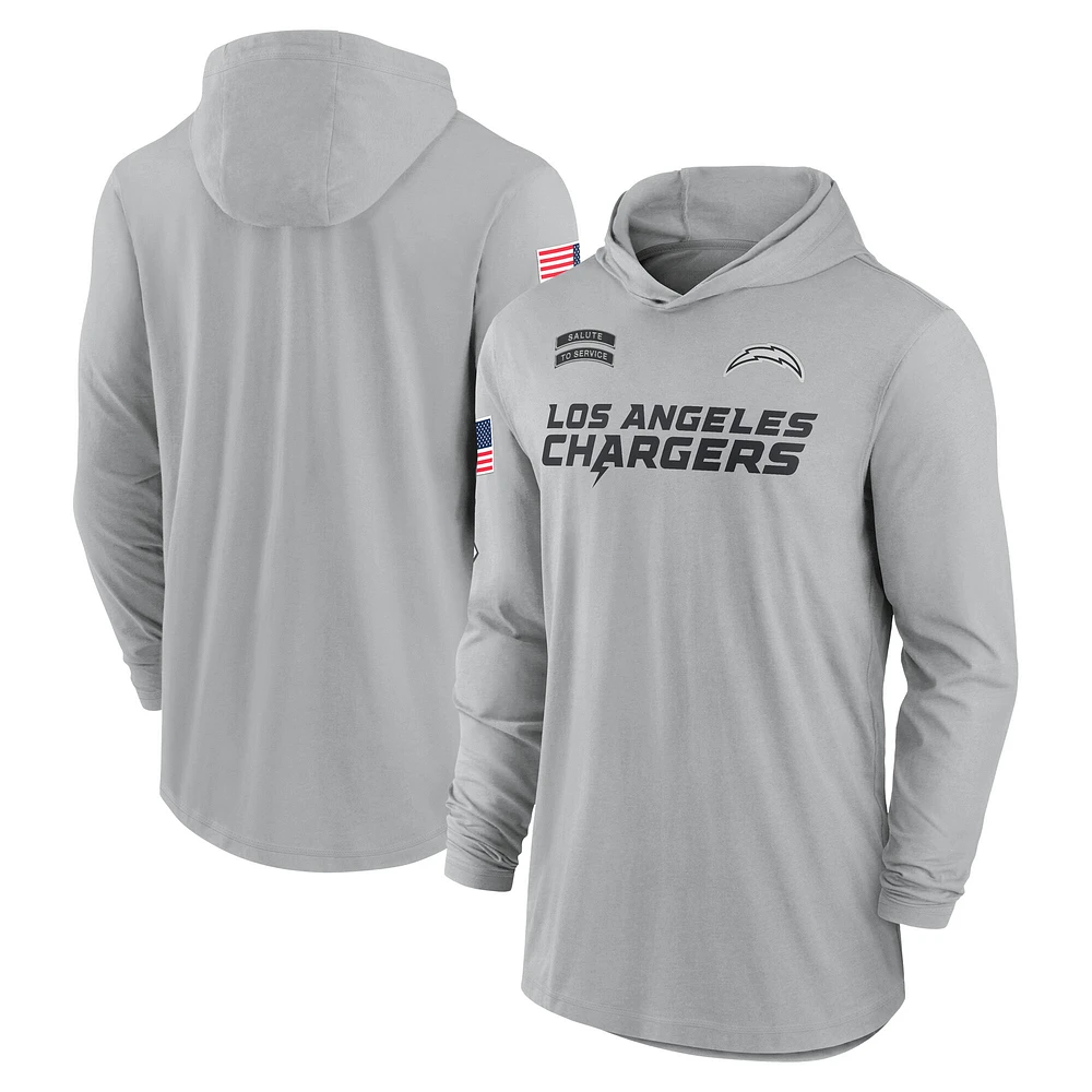 Sweat à capuche léger manches longues et Nike gris Los Angeles Chargers 2024 Salute to Service pour homme