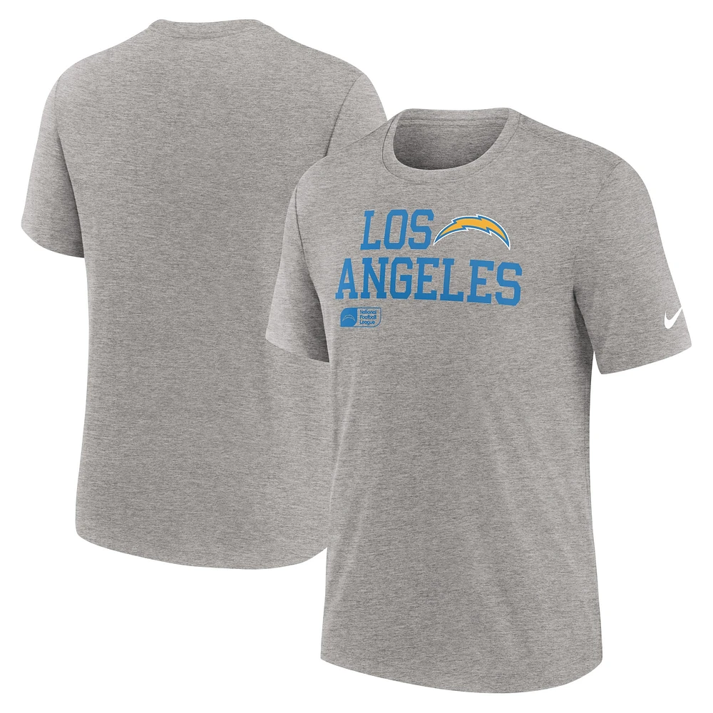 T-shirt Nike Heather Grey Los Angeles Chargers Overlap Lockup Tri-Blend pour homme