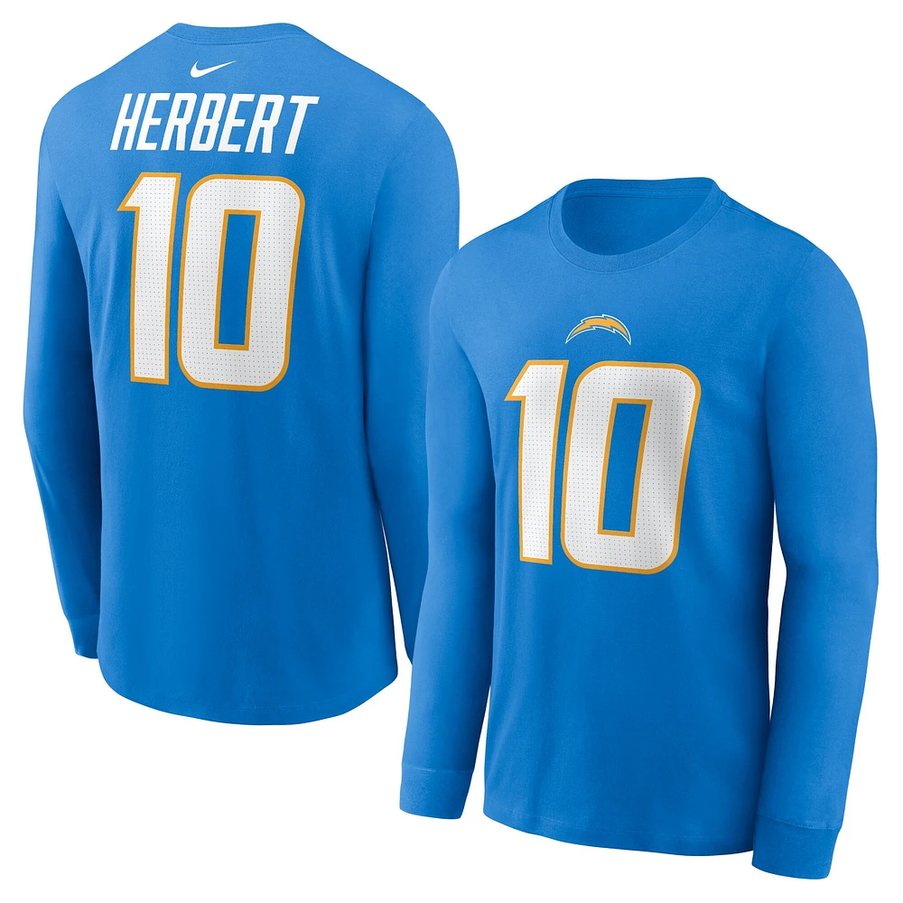 T-shirt à manches longues Nike Justin Herbert pour homme, bleu poudre, nom et numéro du joueur des Chargers de Los Angeles