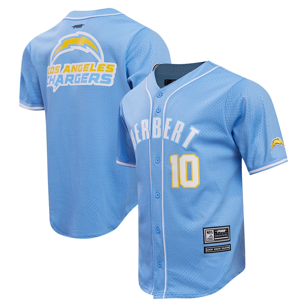 Men's Pro Standard Justin Herbert Powder Blue Los Angeles Chargers Mesh Button-Up Baseball Jersey