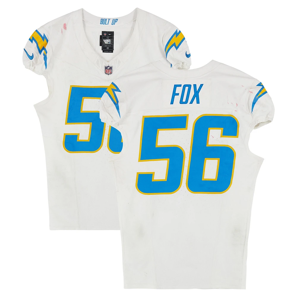 Maillot Nike blanc n°56 de Morgan Fox des Los Angeles Chargers utilisé lors du match contre les New England Patriots le 28 décembre 2024