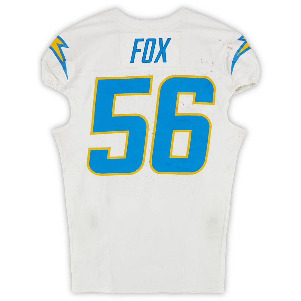 Maillot Nike blanc n°56 de Morgan Fox des Los Angeles Chargers utilisé lors du match contre les New England Patriots le 28 décembre 2024