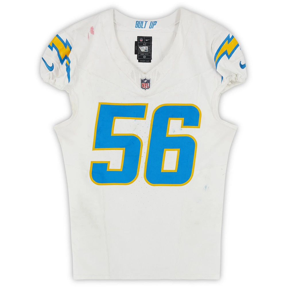 Maillot Nike blanc n°56 de Morgan Fox des Los Angeles Chargers utilisé lors du match contre les New England Patriots le 28 décembre 2024