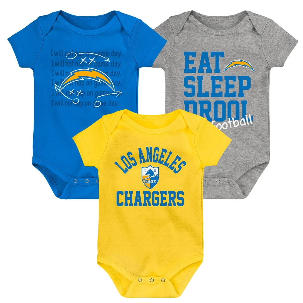 Newborn & Infant Gold/Powder Blue/Heather Gray Los Angeles Chargers Three-Pack Eat, Sleep Drool Retro Bodysuit Set