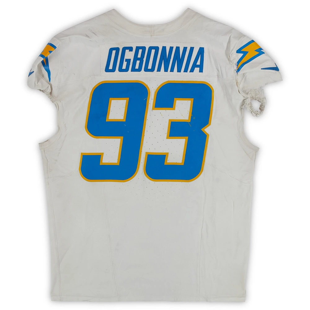 Otito Ogbonnia Los Angeles Chargers Game-Used #93 White Nike Jersey vs. Atlanta Falcons on December 1, 2024