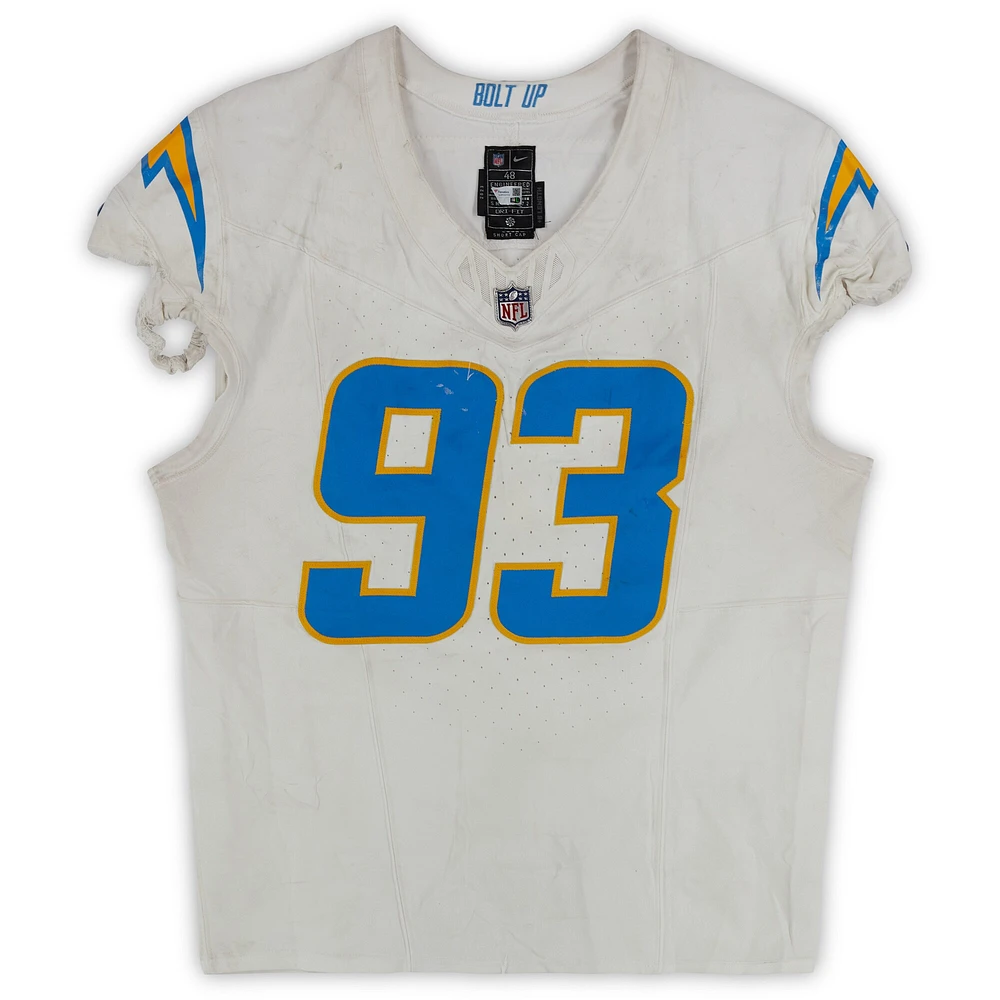 Otito Ogbonnia Los Angeles Chargers Game-Used #93 White Nike Jersey vs. Atlanta Falcons on December 1, 2024