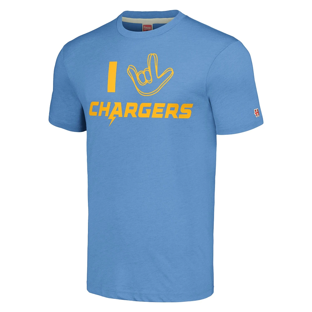 Hommage unisexe bleu poudre Los Angeles Chargers La collection NFL ASL par Love Sign T-shirt triple mélange