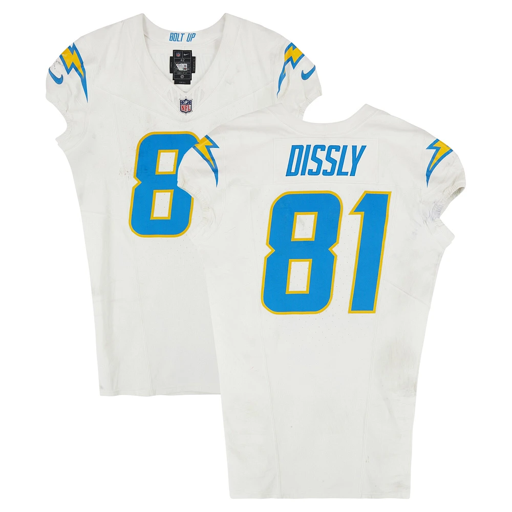 Maillot Nike blanc n°81 de Will Dissly des Los Angeles Chargers utilisé lors du match contre les New England Patriots le 28 décembre 2024