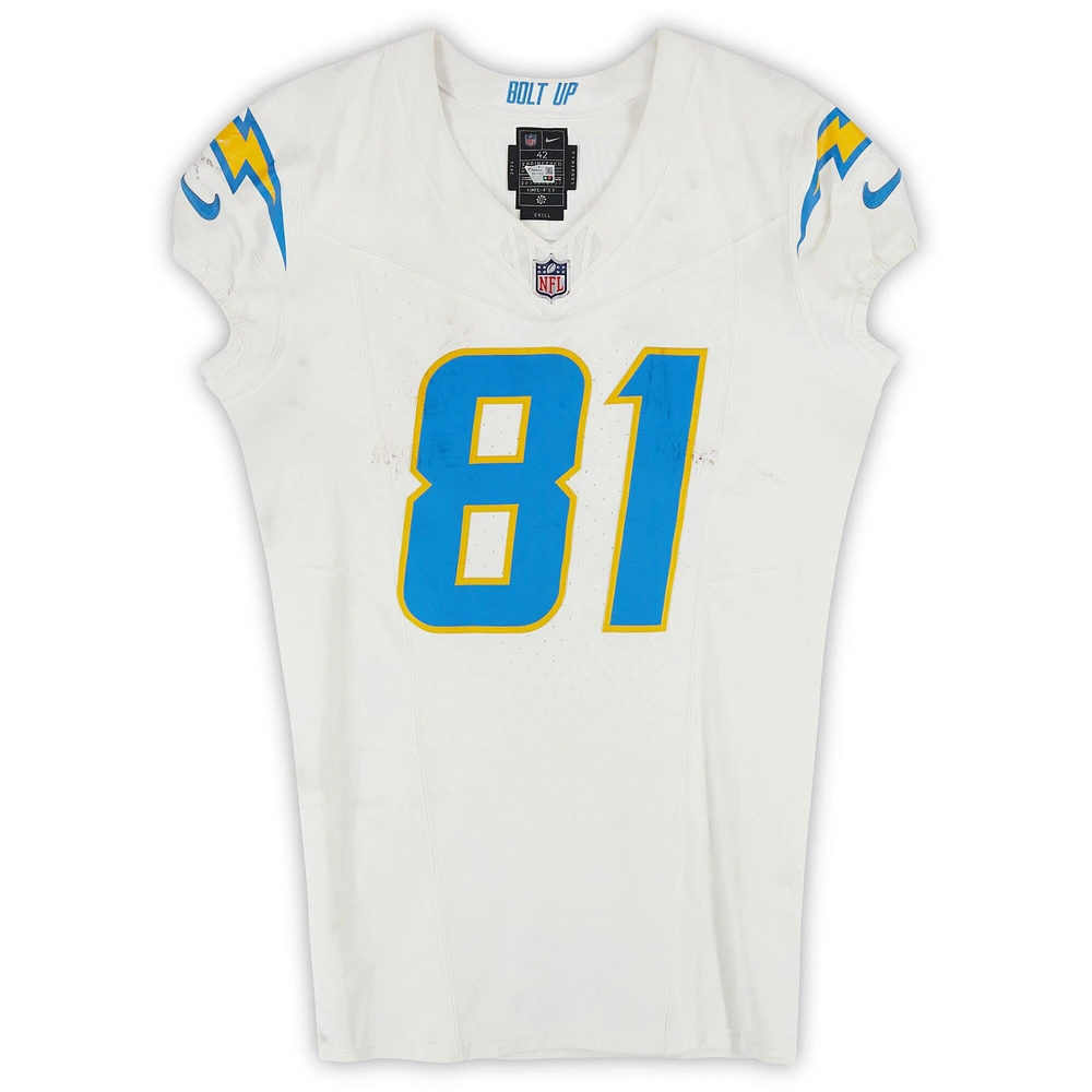 Maillot Nike blanc n°81 de Will Dissly des Los Angeles Chargers utilisé lors du match contre les New England Patriots le 28 décembre 2024