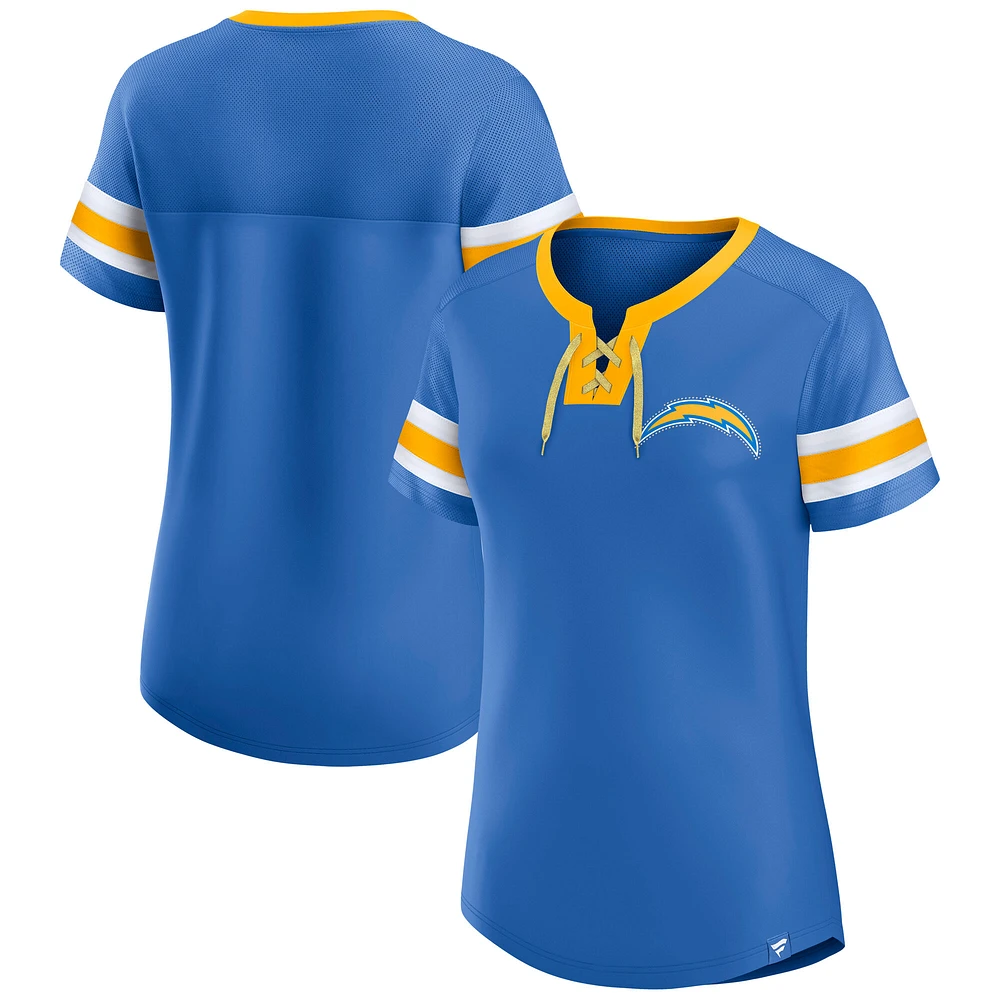 Women's Fanatics  Powder Blue Los Angeles Chargers Lace-Up Bling T-Shirt