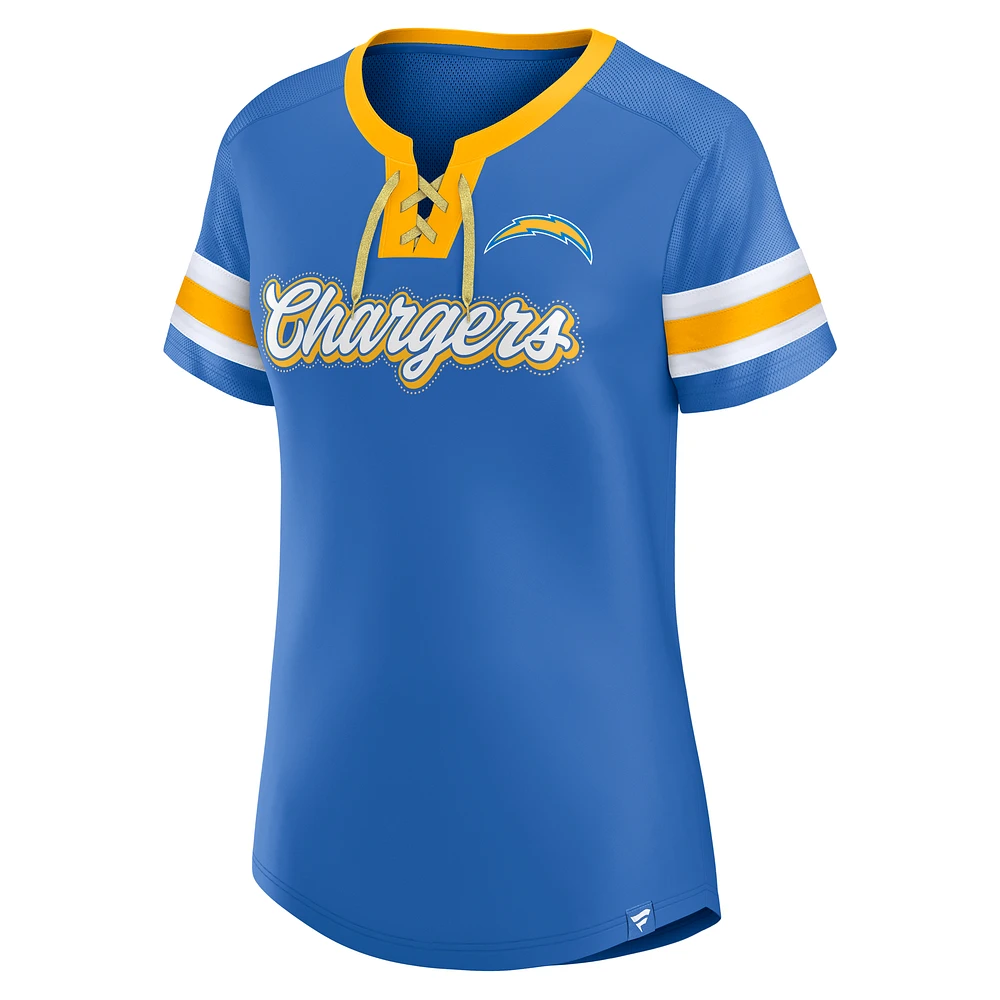 Women's Fanatics  Powder Blue Los Angeles Chargers True Catch Iconic Rhinestone Bling Athena Lace-Up T-Shirt