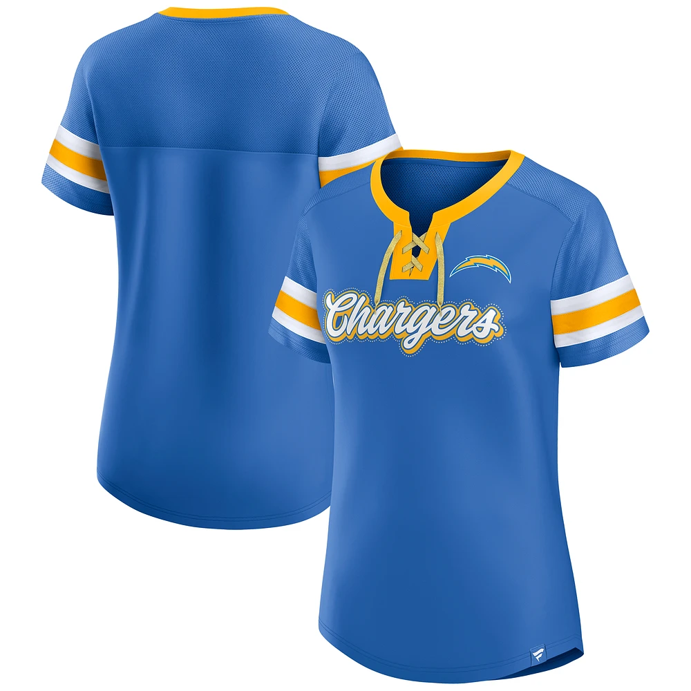 Women's Fanatics Powder Blue Los Angeles Chargers True Catch Iconic Rhinestone Bling Athena Lace-Up T-Shirt