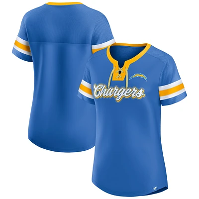 Women's Fanatics  Powder Blue Los Angeles Chargers True Catch Iconic Rhinestone Bling Athena Lace-Up T-Shirt
