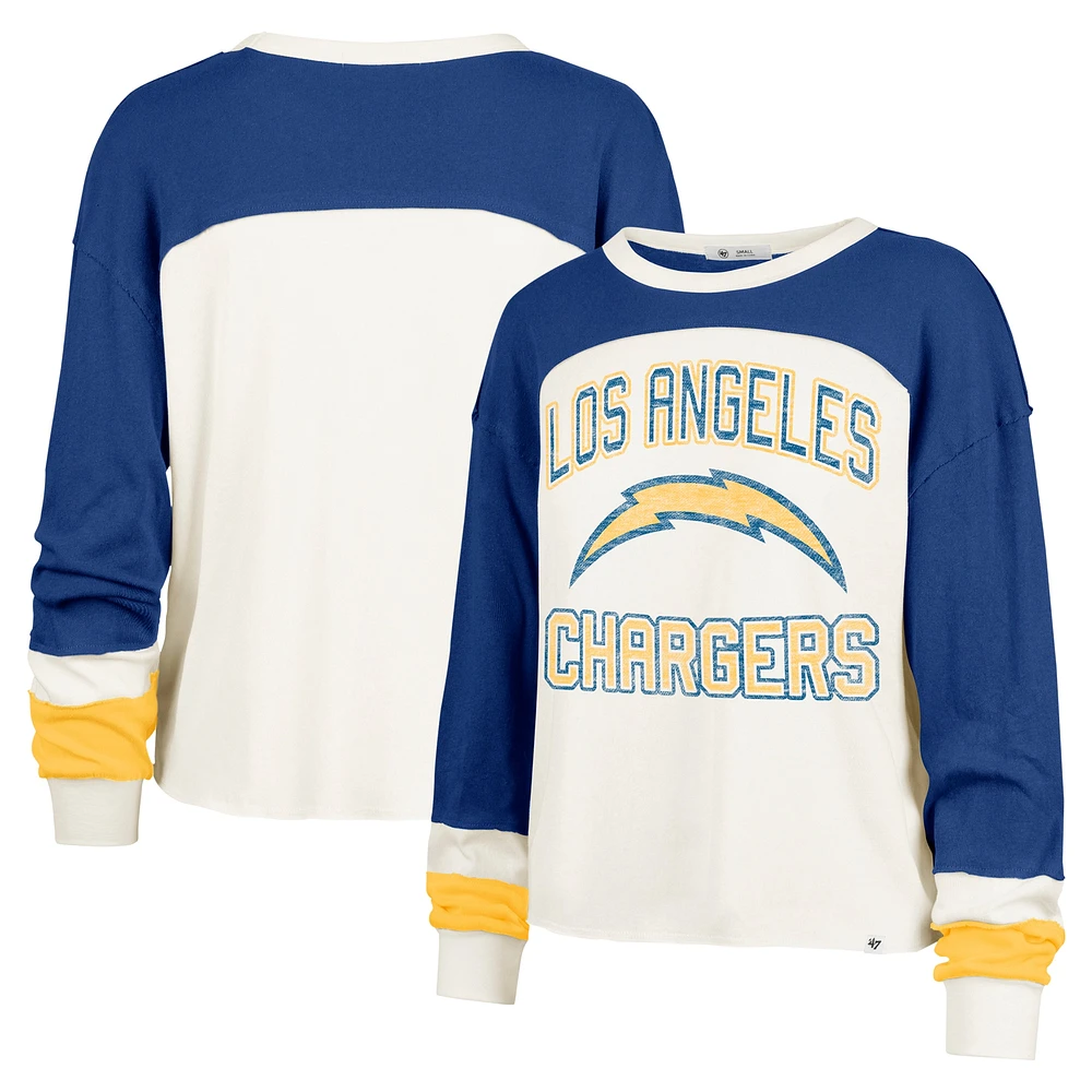 Haut court à manches longues raglan Double Header Curve '47 Cream Los Angeles Chargers pour femme