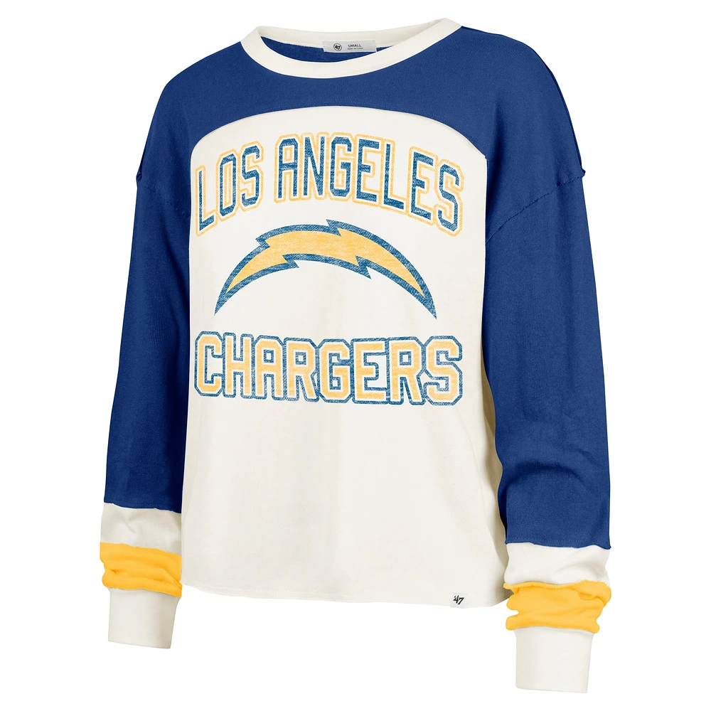 Women's '47 Cream Los Angeles Chargers Double Header Curve Raglan Long Sleeve Crop Top