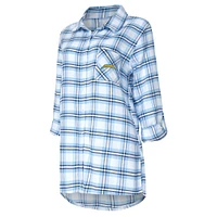 Women's Concepts Sport Powder Blue Los Angeles Chargers Sienna Plaid Full-Button Long Sleeve Nightshirt