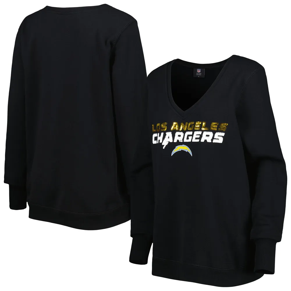 Women's DKNY Sport Black Los Angeles Chargers Deliliah Rhinestone Funnel  Neck Pullover Sweatshirt