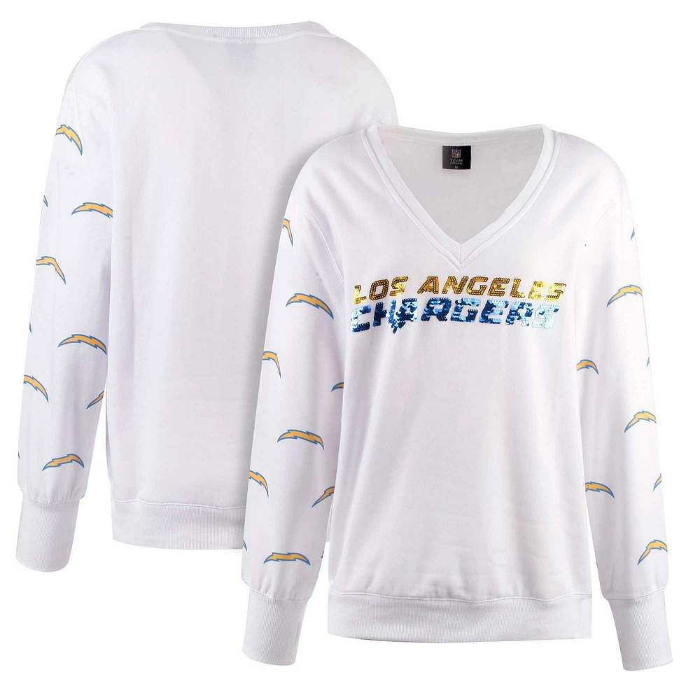 Women's Cuce White Los Angeles Chargers Sequin Fleece V-Neck T-Shirt