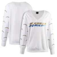 Women's Cuce White Los Angeles Chargers Sequin Fleece V-Neck T-Shirt