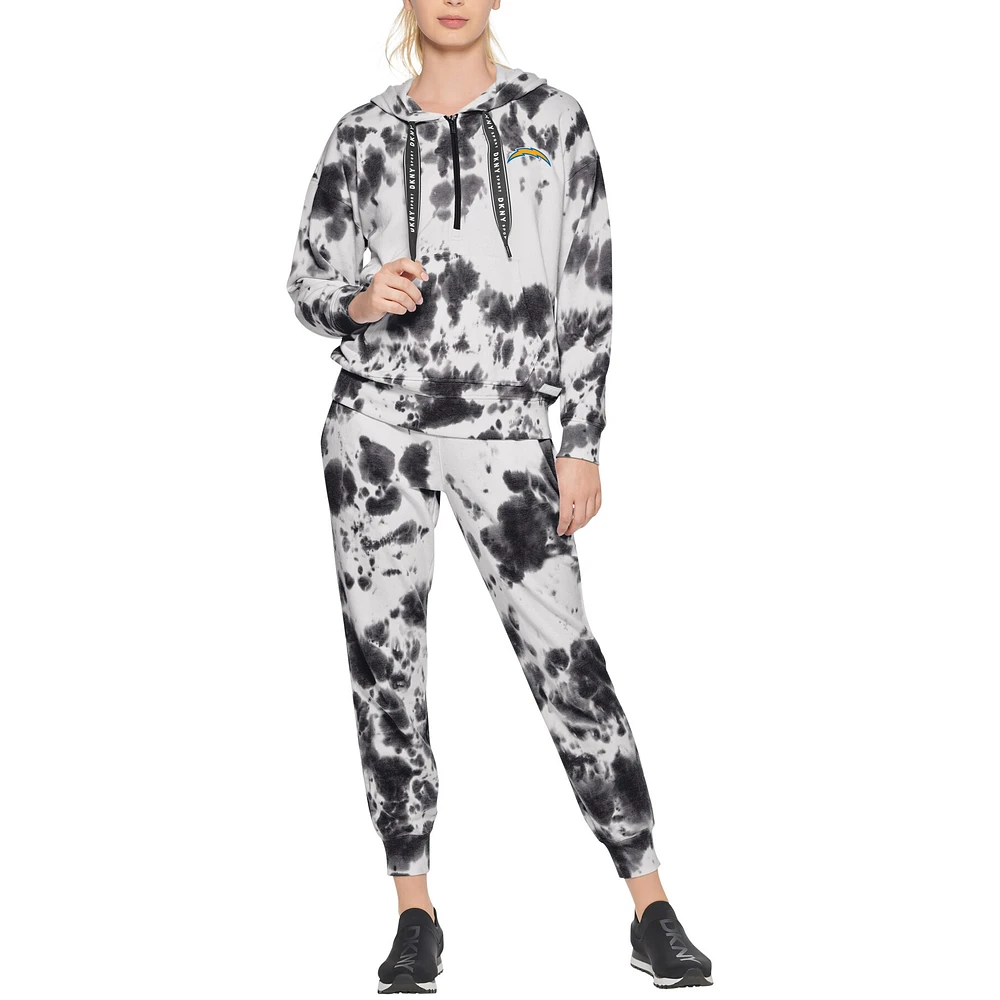 Sweat à capuche oversize demi-fermeture éclair tie-dye DKNY Sport Los Angeles Chargers Dakota pour femme, blanc/noir